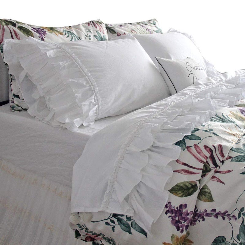 QSH Ruffle Sheets Set King Size French Country Lace Bedding 100% Washed Cotton Shabby Chic Bed Sheet Set 4pcs Deep Pockets Ruffled Bed Sheets - Image 1